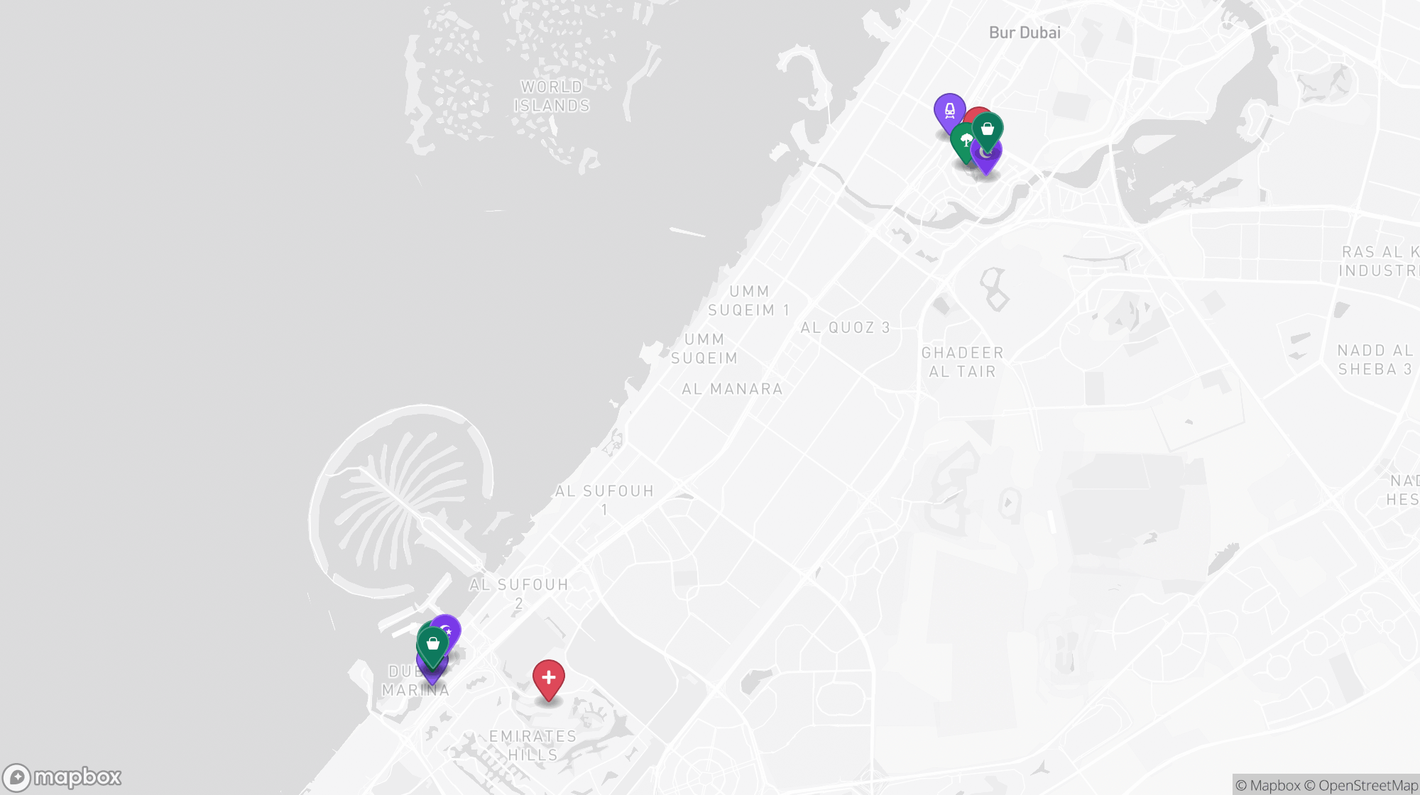 Dubai map showing both apartments and nearest hospital, metro, park, mosque, and mall